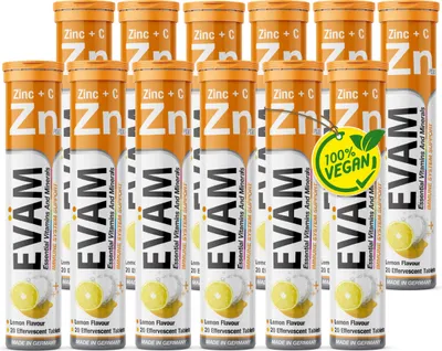 Produktbild von EVÄM Zink plus Vitamin C Brausetabletten Geschmack Zitrone 12x 20 Stück Nahrungsergänzungsmittel zur Unterstützung des Immunsystems zuckerfrei Hergestellt in DE