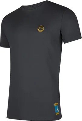 Dunkelgraues T-Shirt für Herren von La Sportiva mit Logo auf der Brust und buntem Aufdruck am Saum.