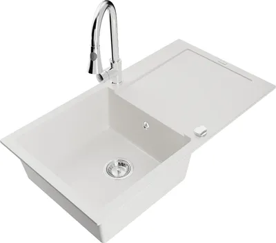 Produktbild von Mexen Leo 1 Becken-Granitspüle mit Abtropffläche und Mischbatterie Elia, Weiß - 6501-20-670101-00