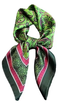 Zdjęcie produktu dla Chusta damska, kwadratowa, poliester imitujący jedwab, 70 x 70 cm, wzór paisley w kolorach zieleni i różu