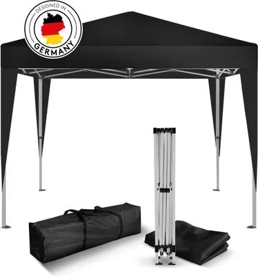 A black pop-up canopy tent is shown assembled, with its folded frame, and a carrying bag displayed separately on a white background.
