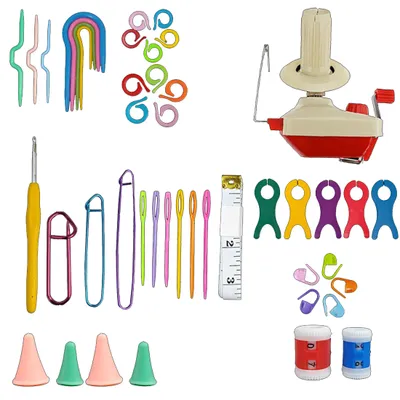 Produktbild von Nähmaschinenzubehör, Häkelnadeln Set, Kreativset, Kugelwickler, Wollwickler mit Häkelzubehör Häkelwollezubehör, Strickstichmarker, Plastiknadeln
