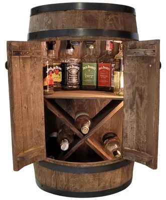 Image de Bar en fût de bois avec porte, étagère en X et éclairage LED pour détecteur de mouvement 80 x 50 cm, wengé