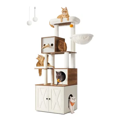 A multi-level cat tree with several cats interacting with it, set against a white background.