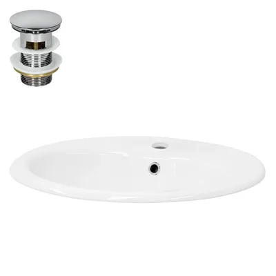 Produktbild von LuxeBath Waschbecken Aufsatzwaschbecken Oval, 57x48,5x19,5 cm, Weiß, aus Keramik, inkl. Ablaufgarnitur mit Überlauf