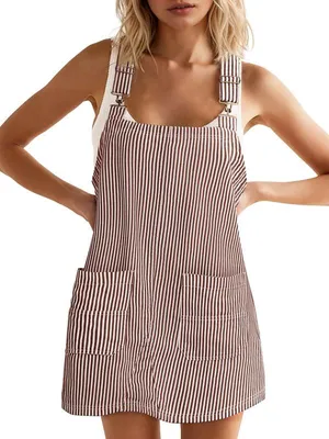 Produktbild von Imily Bela Lässiges Damen-Jeanskleid, gestreifter Overall für den Herbst, verstellbare Träger, ärmelloses Jeanskleid mit Taschen