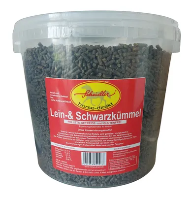 Produktbild von Lein-& Schwarzkümmel Pellets 3kg Eimer getreide-u. glutenfrei, Leinölpellets und Schwarzkümmelpellets in einem Produkt für Pferde, Ponys