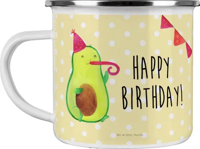 Produktbild von Mr. & Mrs. Panda Haferl Avocado Geburtstag - Gelb Pastell - Geschenk, Emaille Tasse, Pott, Teetasse, Alles Gute, Campingtasse, Happy Birthday, Feier, Party