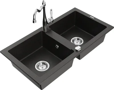 Produktbild von Mexen Mario 2-Becken-Granitspüle mit Mischbatterie Carla, Schwarz/Gold metallisch - 6504-75-670700-00