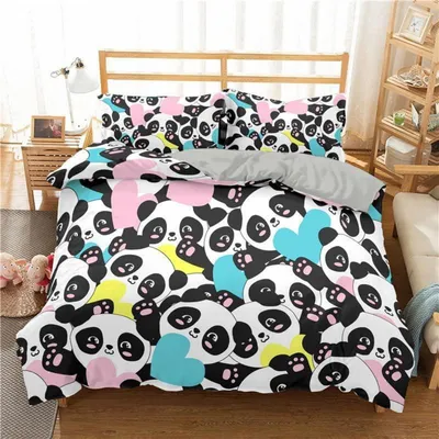 Productafbeelding van Beddengoedset Panda, cartoonmotief, bamboe, 135x200 cm + 80x80 cm, microvezel