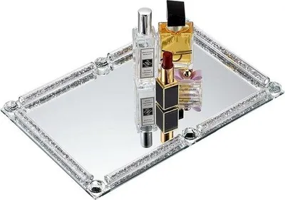 Image de 30 x 20 cm Feuille de service en verre miroir avec cadre diamant - Feuille de service décorative rectangulaire pour cosmétiques Parfum - Tasse Gobelet