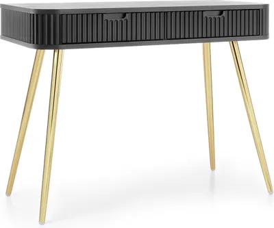 Image de Table de maquillage ZOVA avec 2 tiroirs, façades rainurées, couleur beige cachemire, pieds en métal dorés, dimensions : 103 x 80 x 49 cm