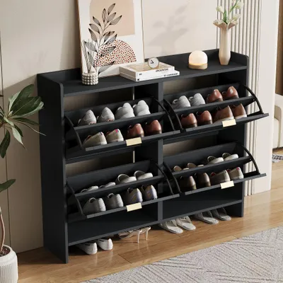 Zdjęcie produktu dla Nowoczesna szafka na buty, wyposażona w 4 drzwiczki rozkładane, wolnostojącą półkę na buty, otwarte półki, idealna do przedpokoju lub korytarza, kolor: czarny, wymiary: szerokość 110 cm / wysokość 90 cm / głębokość 24 cm