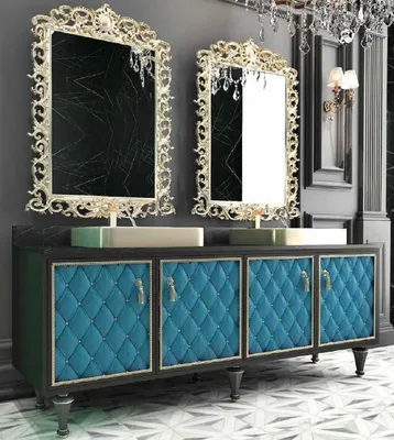 Produktbild von Casa Padrino Luxus Barock Badezimmer Set Schwarz / Blau / Gold - 1 Waschtisch mit 4 Türen und 2 Waschbecken und 2 Wandspiegel - Prunkvolle Badezimmermöbel