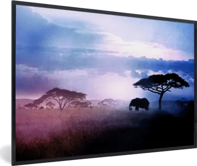 Produktbild von MuchoWow® MuchoWow® Gerahmtes Poster Elefant - Vintage - Blau 90x60 cm - Poster mit zchwarzem Bilderrahmen - Fotorahmen - Foto-Plakat
