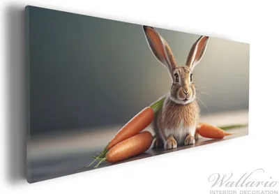Produktbild von Wallario Premium Leinwandbild Flauschiger Hase mit Möhren in Größe 30 x 75 cm