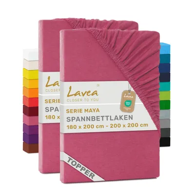 Zdjęcie produktu dla Lavea® Zestaw 2 sztuk, prześcieradła elastyczne na materac, 180/200x200 cm, wykonane w 100% z bawełnianej dzianiny – do materacy o grubości do 12 cm – miękkie, kolor koralowy