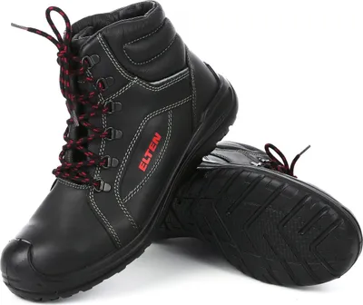 A pair of black work boots with red and black laces, shown from a slightly angled side view against a white background.