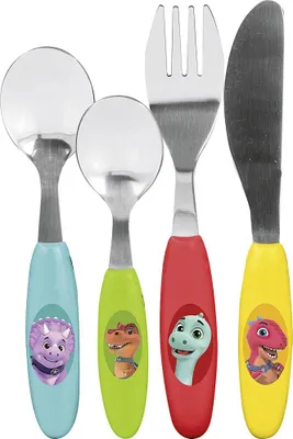 A set of four dinosaur-themed children's cutlery items.