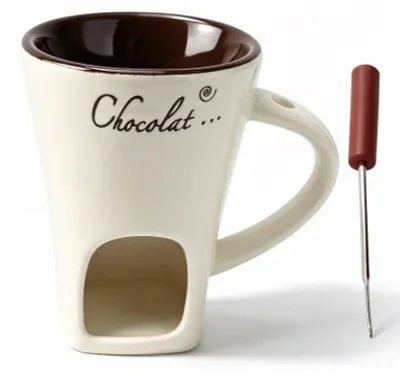 Fondue-Becher aus Keramik, Schokoladen-Schmelzbecher mit Gabel, Weiß