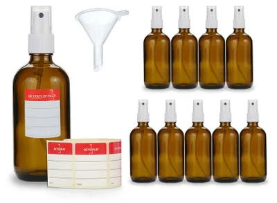 Image de 10 flacons en verre brun de 100 ml, G18, vaporisateur manuel en PP, mini-entonnoir