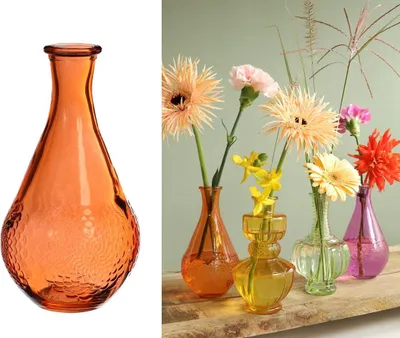 Produktbild von Glasvase mit Blumenmuster – Bunte Dekovase aus Glas in 8 Farben wählbar, Ø9x16 cm – Blumenvase mit Vintage-Flair für Frischblumen, Trockenblumen und als Kerzenständer, Farbe:Orange