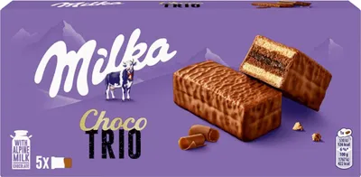 The image shows the front of a Milka Choco Trio chocolate bar box, with a product image and branding.