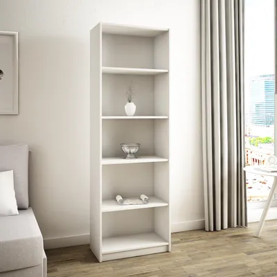Produktbild von Bücherregal mit 5 Ebenen Regal in matter Ausführung 58 cm breit, Standregal mit 4 Einlegeböden, ideal für Schlafzimmer, Wohnzimmer, Flur weiß