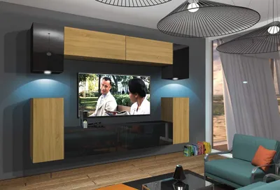 Produktbild von Furnitech Wohnwand Wohnzimmer - Hängend Wohnwand Modern - Regale und TV Schrank - Wohnzimmer Möbel ohne LED (Rodos AN43-17BD-HGM49 1B)