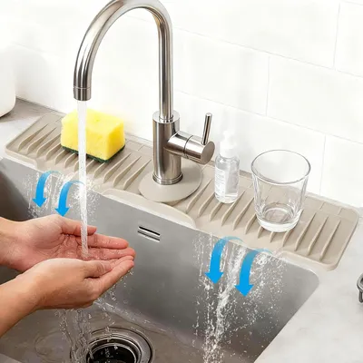 Produktbild von Silikon-Abtropfmatte für die Küchenspüle, 41 × 10 cm, Weiß | Spritzschutz mit 8° Neigung, selbstentleerend, mit Ablauf für Wasserhahn, Arbeitsplatte und Badezimmer