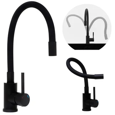 A black kitchen faucet with a flexible gooseneck spout is shown from multiple angles, including a close-up and a diagram illustrating its flexibility.