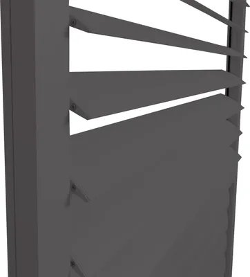 A close-up view of a dark gray louvered panel, likely part of a sliding door system for a pergola or terrace roof.