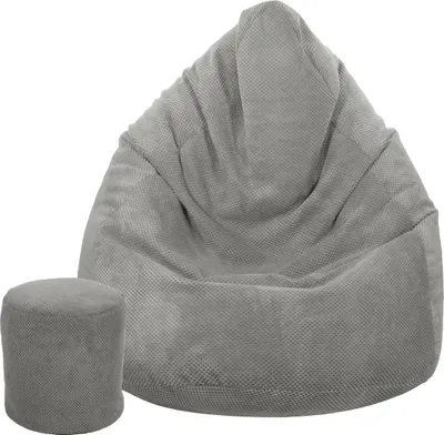 A gray beanbag chair and a matching ottoman are shown against a white background.