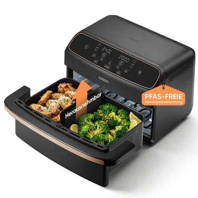Immagine prodotto di Friggitrice ad aria COSORI Dual Blaze TwinFry Compact da 8,6 L e 2700 W con Dual Zone, rivestimento in Vetroceramica senza PFAS, SYNC & MATCH, CAF-TF801-CEUR