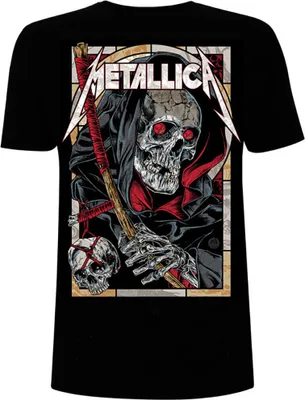 A black t-shirt with a graphic print of a grim reaper and skulls, with the Metallica logo.