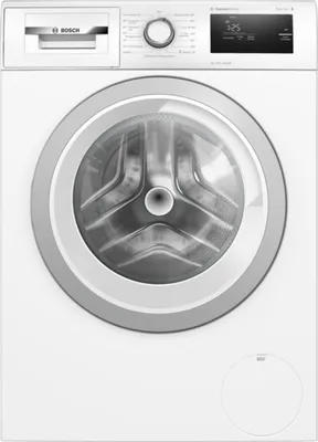 A front view of a white Bosch washing machine.