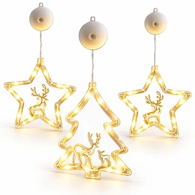 Produktbild von LED Weihnachtsfensterdeko 3er Set – Leuchtsterne & Weihnachtsbäume, Saugnapf-Lichter, Lichterkette, Timer, Blinkmodus, für Fenster & Schaufenster