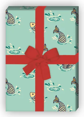 Produktbild von Grün türkises Retro Angler Geschenkpapier mit Fischen im Wasser - G12325, 32 x 48cm