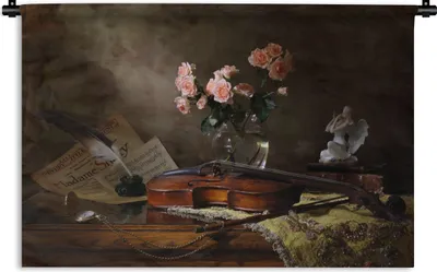 Produktbild von MuchoWow® Wandteppich Wandbehang Violine - Rosen - Rosa - Blumen - Stilleben 120x80 cm Tapisserie Dekoration Wandtuch - Wanddekorationen - Wandtücher