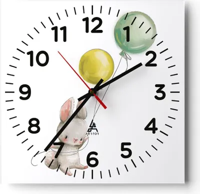 Produktbild von Wanduhr - Quadrat - Glasuhr - Häschen Luftballons Kinder - 40x40cm - Schleichendes Uhrwerk - Lautlos - zum Aufhängen bereit - Dekoration Modern - Wanddekoration aus Glas - C4AC40x40-4731