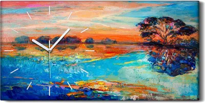 Produktbild von Küchenuhr Bürouhr Leinwand Uhr 60x30 Gemälde Wasser Bäume Himmel Sonnenuntergang - weiße Hände