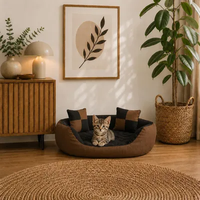 Produktbild von belviona Katzenkörbchen 4-in-1, wendbares Katzenbett mit niedrigem Einstieg, kratzfest & wasserabweisend, 65x50 cm, schwarz/braun, KI-generiertes Bild