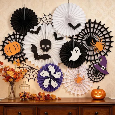 Immagine prodotto di Decorazioni per Halloween: ventagli di carta da appendere - Set da 27 pezzi