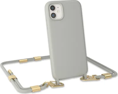 Produktbild von EAZY CASE Handykette Silikon mit Clips 2 in 1 kompatibel mit Apple iPhone 11 Handyhülle mit Umhängeband, Handykordel mit Silikon, Hülle mit Band, Kette für Smartphone, Taupe - Clips Gold