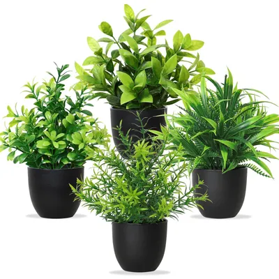 Image de Plantes artificielles en pot, 6 petites plantes artificielles vertes, plantes d'intérieur décoratives en plastique, idéales pour le bureau, la maison, la chambre à coucher et le salon (lot de 4, pot vert et noir, 7 x 20 cm)