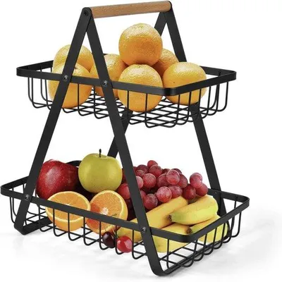 Produktbild von Moderne 2-Etagen-Früchtaufbewahrung - Praktische Metallfrüchtasche für Brot und Gemüse - Früchtenschale für Snacks - Küchenopberger