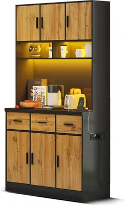 Zdjęcie produktu dla Szafka kuchenna z oświetleniem LED i gniazdkiem, komoda z 3 szufladami i 3 drzwiami, szafka pod kuchenkę mikrofalową, 100 x 40 x 180 cm