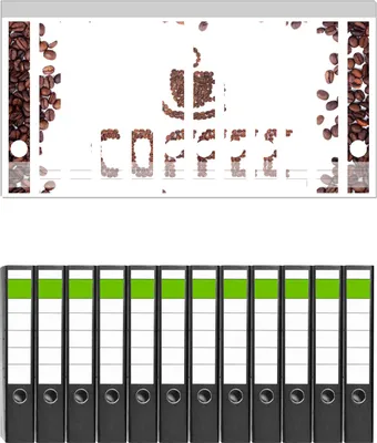 Produktbild von Wallario 12 Stück schmale Ordner inkl. Klebeetiketten mit Motive Kaffee Schrift aus Kaffeebohnen -  Set mit Rückenschildern / Ordnerrücken Stickern