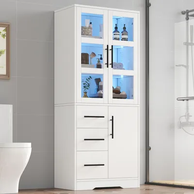 Produktbild von Merax Glasvitrine Badezimmerschrank, LED Aufbewahrungsschrank mit Glastüren, 3 Schubladen und 2 Schränken, App-gesteuertes Licht, Hochschrank, Weiß
