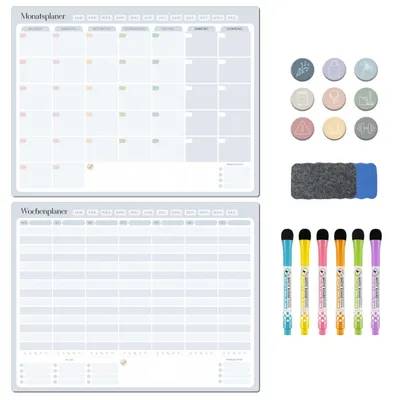 Produktbild von BIROYAL Selbstklebender Wochenplaner, abwischbar, Whiteboard, Planungsboard, haftet auf allen glatten Oberflächen, undatierter Wandkalender, Planer inklusive Aufkleber und Stiften